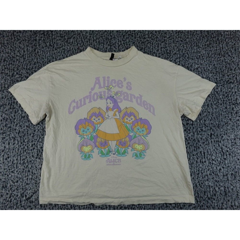 H&M Divided Graphic Tee‎ Womens L Cream Alice in Wonderland Curious Garden